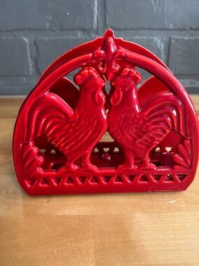 Red Enameled Cast Iron Roosters Napkin Holder Farmhouse Decor Country 2007
